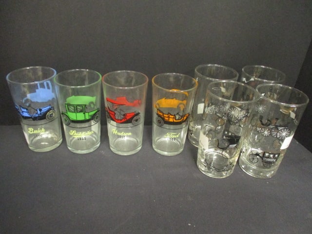 Vtg. Drinking Glasses w/Automobile Designs (4), &: Libbey Horseless Carriage Glasses (4)