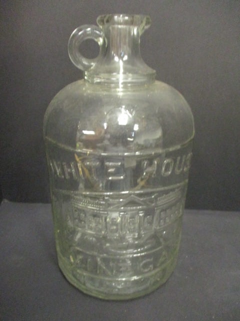 White House Vinegar Handled Glass Gallon Jug w/embossed writing: .