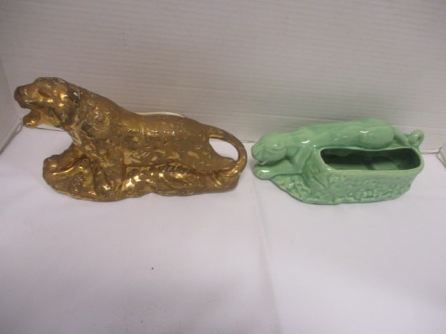 24 KT Gold Gilt Panther Planter 9" & Green Panther Planter 9" (1 of 7)