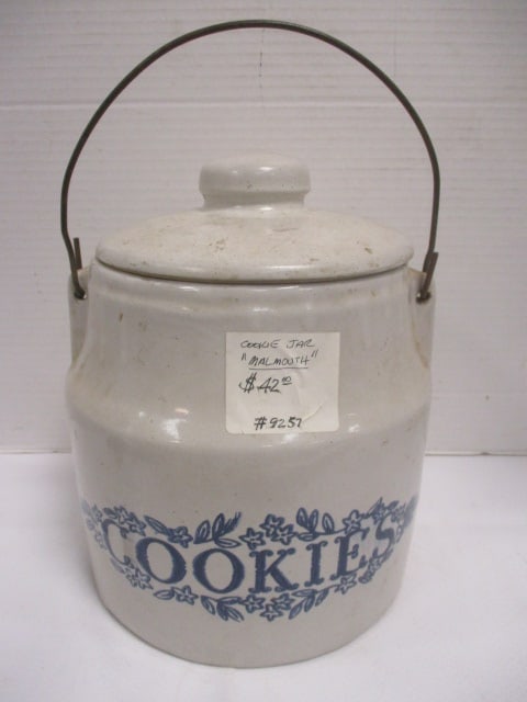 Monmouth Western Stoneware 'Cookies' Jar w/metal Bail handle: 8 1/2"