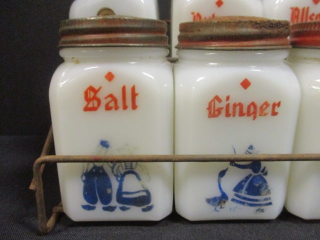 Vtg. Dutch Frank Tea & Spice Co. Milk Glass Spice Jar Set w/rack - 2