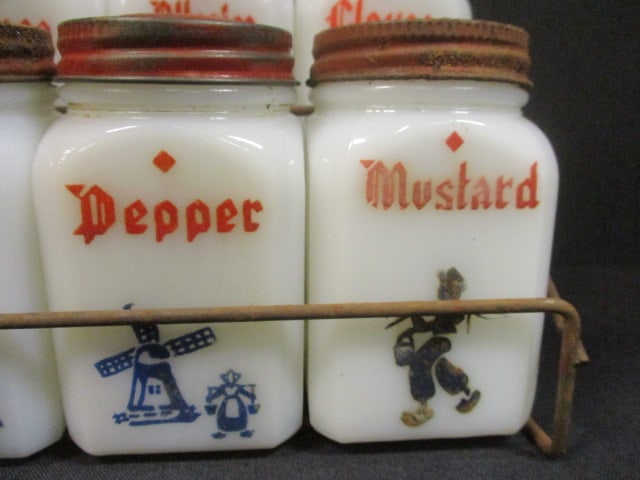 Vtg. Dutch Frank Tea & Spice Co. Milk Glass Spice Jar Set w/rack - 3