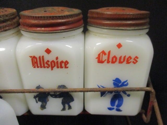 Vtg. Dutch Frank Tea & Spice Co. Milk Glass Spice Jar Set w/rack - 4