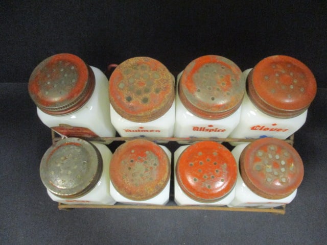 Vtg. Dutch Frank Tea & Spice Co. Milk Glass Spice Jar Set w/rack - 6