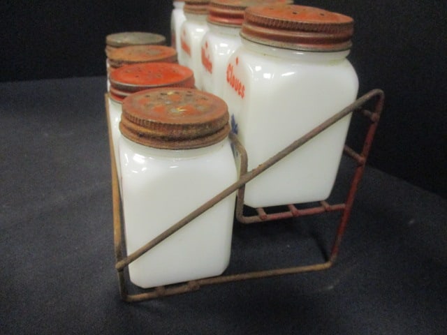 Vtg. Dutch Frank Tea & Spice Co. Milk Glass Spice Jar Set w/rack - 7
