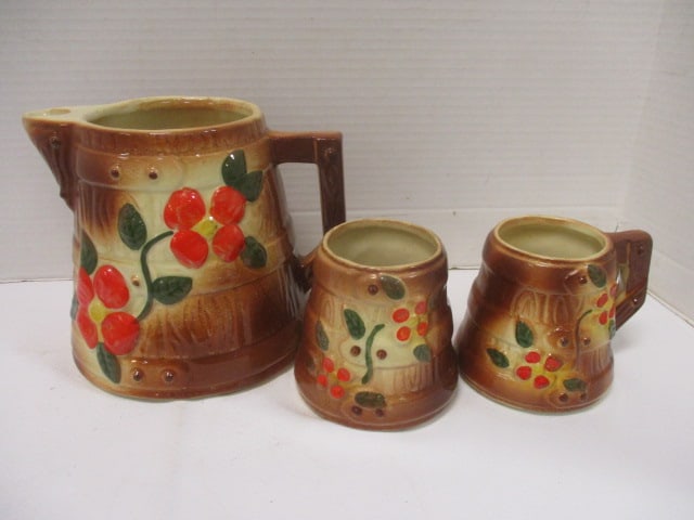 Ceramic Vtg. Wooden Barrel Pitcher w/Mug & Sugar Bowl: .