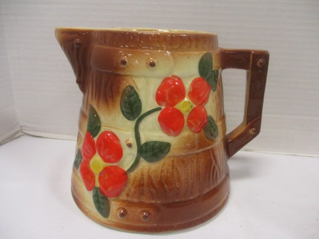 Ceramic Vtg. Wooden Barrel Pitcher w/Mug & Sugar Bowl - 2