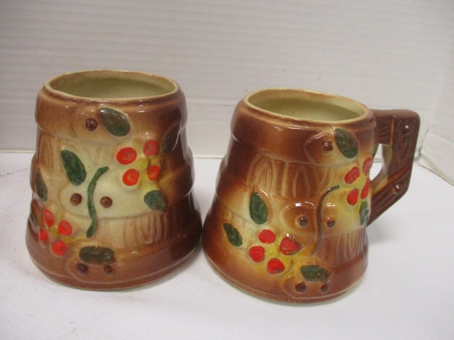 Ceramic Vtg. Wooden Barrel Pitcher w/Mug & Sugar Bowl - 6