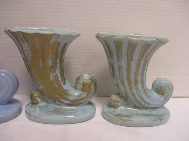 Shawnee Blue Pottery Cornucopia Vase & 2 Blue w/Gold Vases - 2