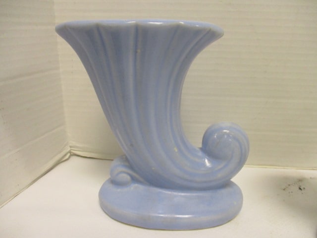 Shawnee Blue Pottery Cornucopia Vase & 2 Blue w/Gold Vases - 5