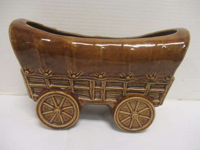 Brown Ceramic Covered Wagon Planter: 10" L x 6 1/2" H