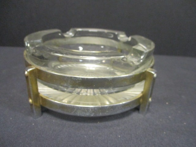 Mid Century Clear Glass Ashtray w/Metal Frame: 5" Diameter
