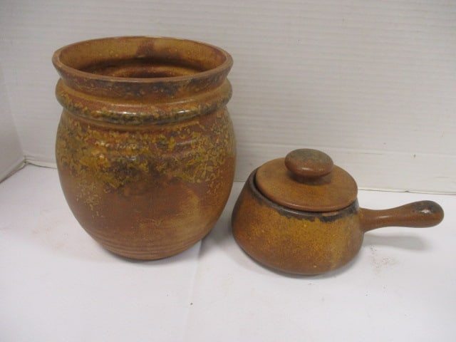 McCoy Pottery Brown & Tan Drip Glaze Vase & Casserole Dish: .