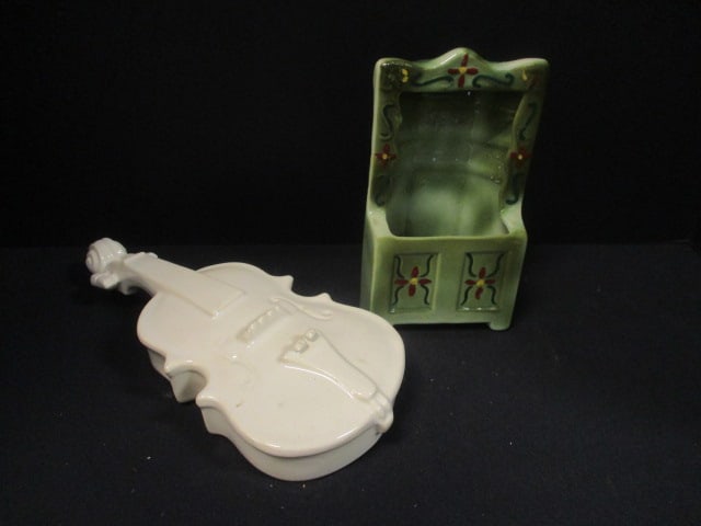 Porcelain Violin 10" Wall Pocket & Wall Pocket Planter 7": .