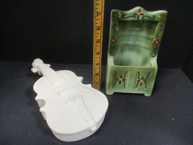 Porcelain Violin 10" Wall Pocket & Wall Pocket Planter 7" - 6