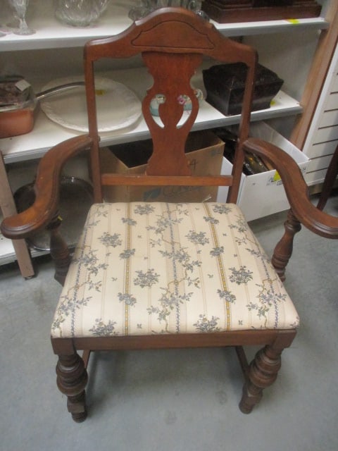 Wood Armchair w/Carved Splat Back & Floral Pattern Seat: 28 x 38