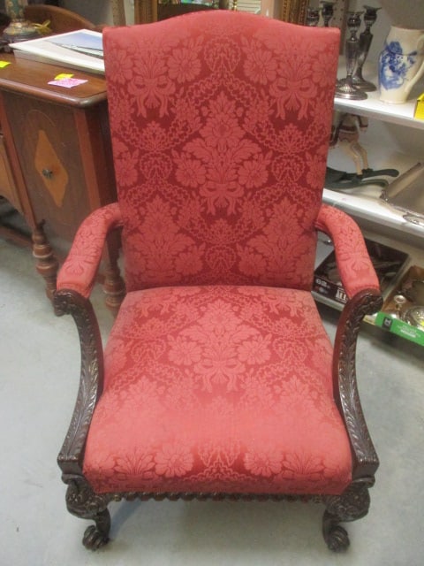 Mid Century Gothic Revival Style Armchair w/Red Fabric: 29 x 44