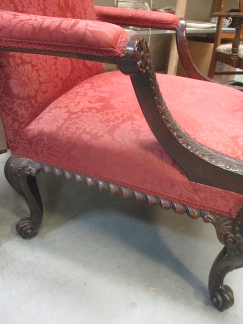 Mid Century Gothic Revival Style Armchair w/Red Fabric - 3