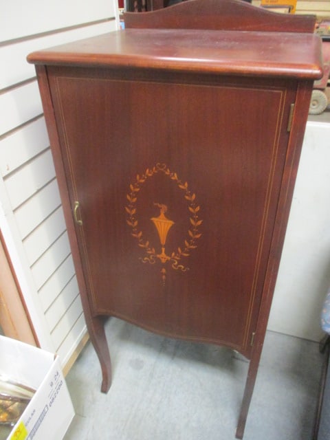 Antique Sheet Music Cabinet w/Marquetry Inlay: 18 x 15 x 42 (backsplash has a crack) see pictures
