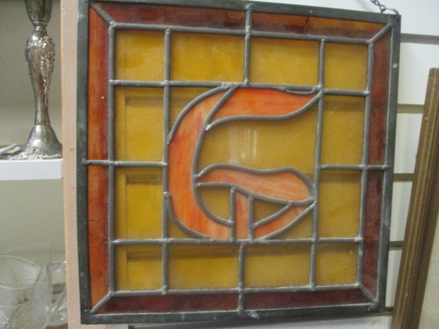 Stained Glass Panel with 'G' Monogram: 12 1/2 x 12 1/2 (some cracks) See all pictures