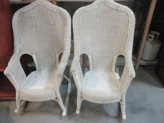 White Wicker Rocking Chairs (PR) w/high camel back (1 of 5)