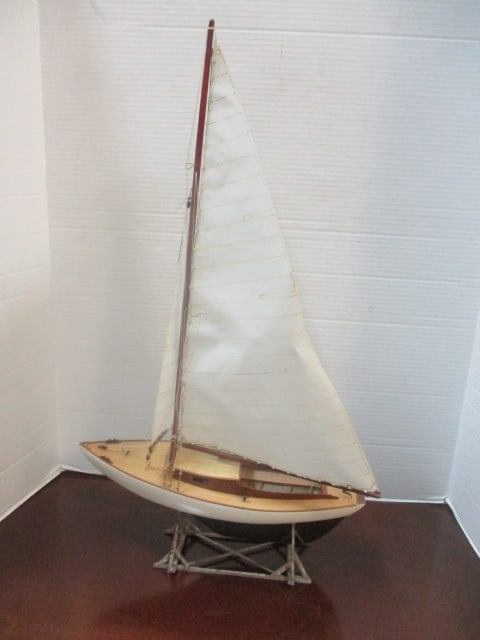 Wood Sailboat on Stand: 14" L x 22" H