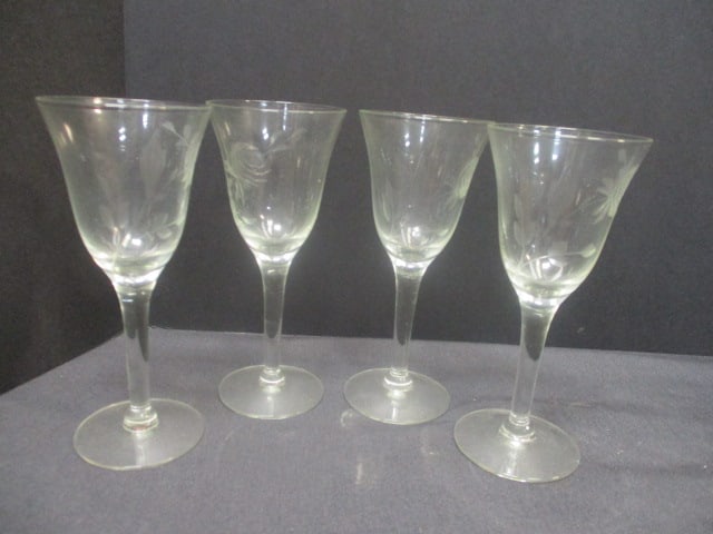 Cordial Stems w/etched Floral Design (Lot of 4): 5 1/2"