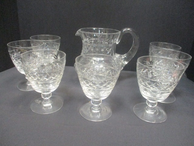 Stuart Crystal (England) Vtg. Pitcher & 7 Matching Stems: Stems-4 1/2"
