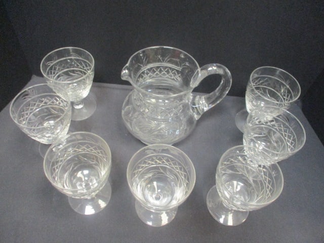 Stuart Crystal (England) Vtg. Pitcher & 7 Matching Stems - 2