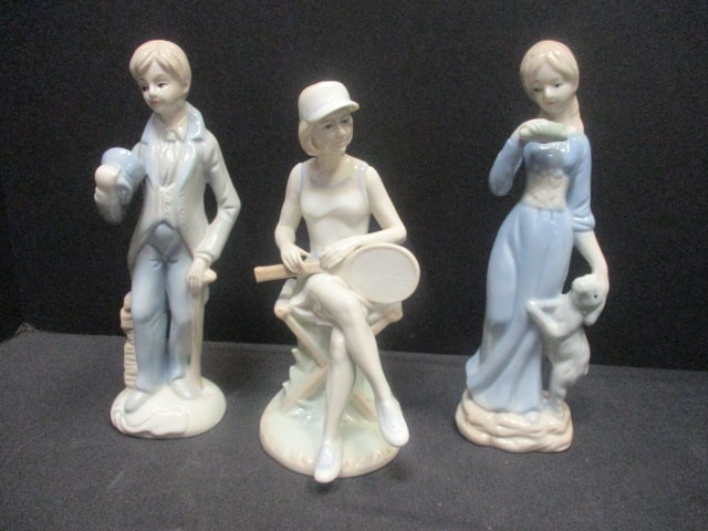 Lady Tennis Player (7") & Porcelain Boy & Girl Figurines (8"): .