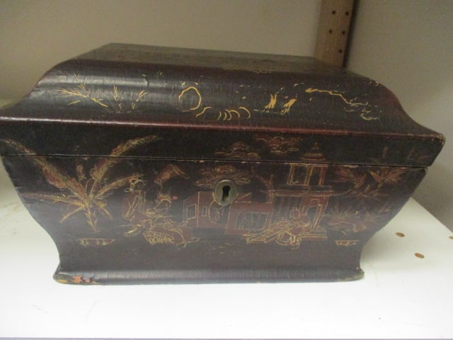 Chinese Lacquer Tea Caddy w/Chiseled Pewter Inserts: 9 1/2 x 7 1/2 x 6 (inserts have damage) see all pictures