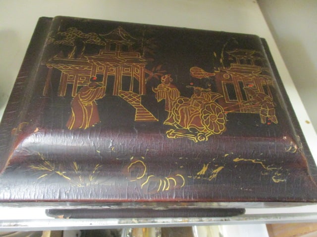 Chinese Lacquer Tea Caddy w/Chiseled Pewter Inserts - 2