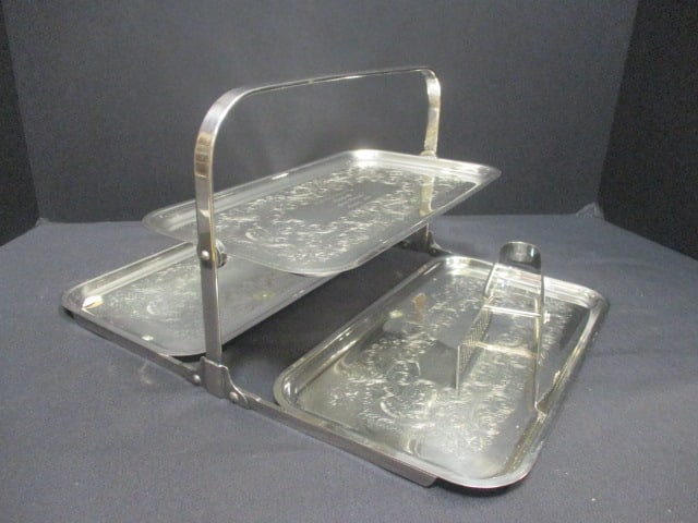 Folding Silverplate 3 Tier Tray w/engraving (11 x 14) & Tongs: Engraving-With Love From the People of St. Patricks (August 1977)