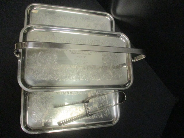 Folding Silverplate 3 Tier Tray w/engraving (11 x 14) & Tongs - 2