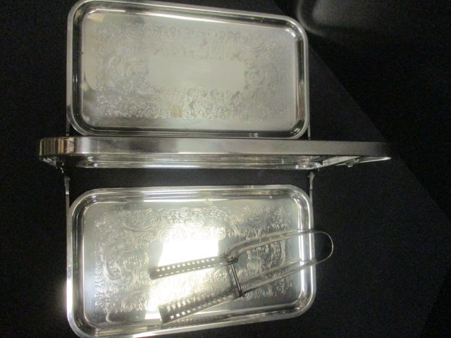 Folding Silverplate 3 Tier Tray w/engraving (11 x 14) & Tongs - 3