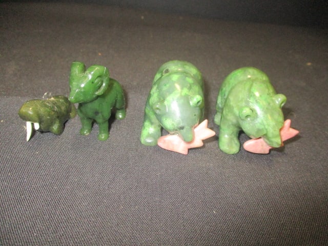 Jade Bear Figurines (2) w/Salmon in Mouth (2"), Jade Ram (1 1/8") & (1 of 6)