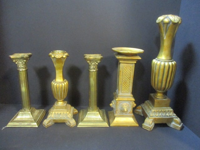 Brass & Hollywood Regency Style Candleholders (Lot of 5): .