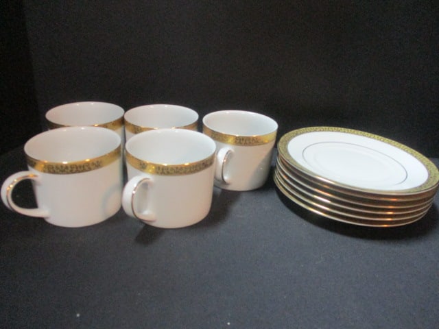 Royal Gallery 'Gold Buffet' Cup/Saucers Set 1991: 6 Saucers/5 Cups