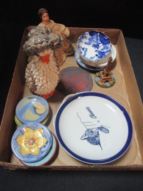 Victorian Style Lady Figure 5", Seashell Goose Figure 6", &: Small Saucers, etc. (see all pictures)