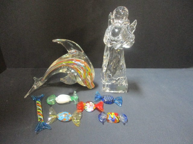 Mikasa Lead Crystal Angel (8"), Art Glass Dolphin (7"), & Glass Candy Pieces: Dolphin has chip on nose