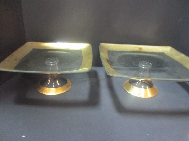 Double Tiered Glass Serving Platters w/Gold Rim: 8 1/2" H