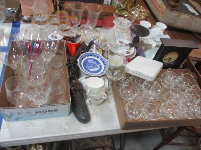 Table Lot-Stems, Punch Cups, Saucers, Antique Button Shoes, etc.: See all pictures