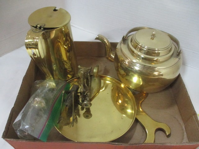 Brass Grouping-Grasshopper, Finials, Teapot, etc.: See all pictures