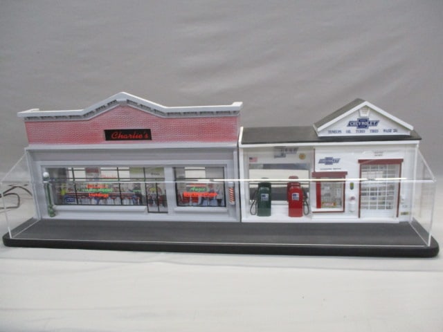 Diorama of Vintage Chevrolet Service Station and Dinner Lights Up - 14