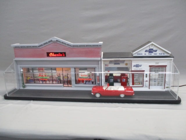 Diorama of Vintage Chevrolet Service Station and Dinner Lights Up: With a Clear Acrylic Display Case 35.5" x 13" x 7.5" (Car Not Included}