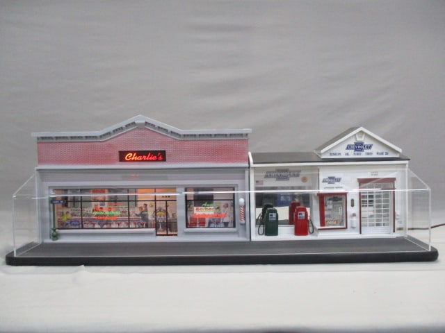 Diorama of Vintage Chevrolet Service Station and Dinner Lights Up - 2