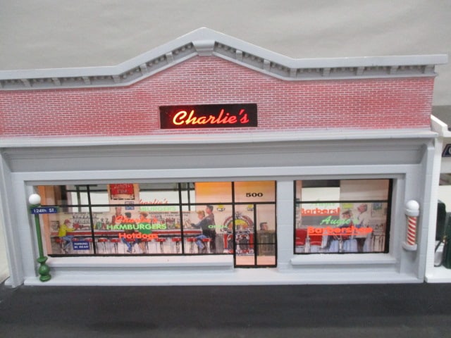 Diorama of Vintage Chevrolet Service Station and Dinner Lights Up - 3