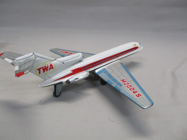 Vintage Tin Litho TWA Boeing 727 Friction w/Siren Toy Airplane w/Original - 6