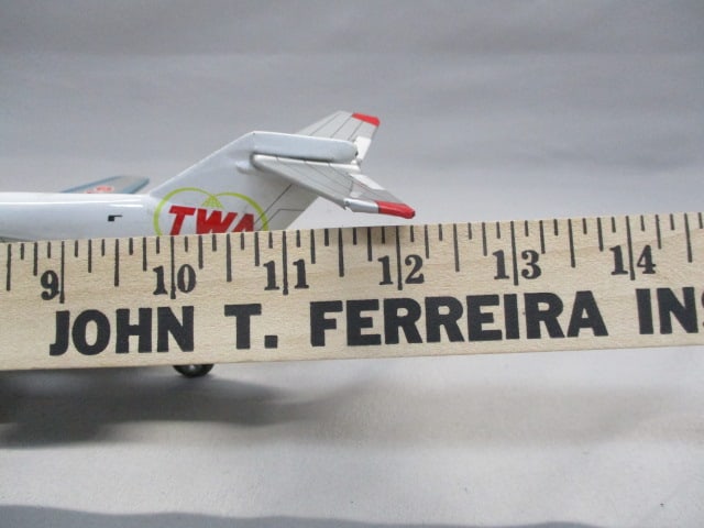 Vintage Tin Litho TWA Boeing 727 Friction w/Siren Toy Airplane w/Original - 8
