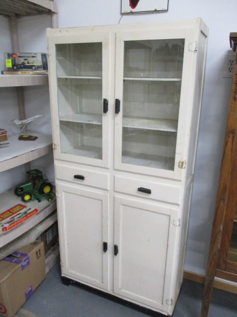 Vintage White Kitchen Cabinet w/Glass Upper Doors & Lower Storage & 2 Drawers: 31" x 65" x 12"